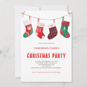 Cute Red Green Christmas Stocking Watercolor Invitation