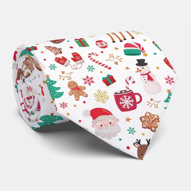 Cute Red Green Christmas Winter Wonderland Santa Neck Tie (Rolled)