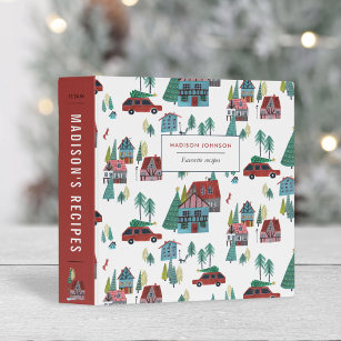 Cute red & green cosy ski lodge chalet houses car  3 ring binder