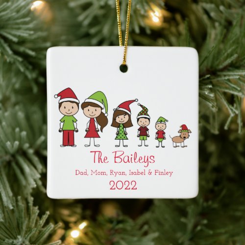 Cute Red Green Family Christmas Ceramic Ornament