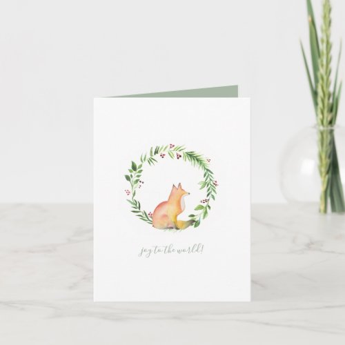 Cute Red  Green Fox Watercolor Christmas Holiday Card