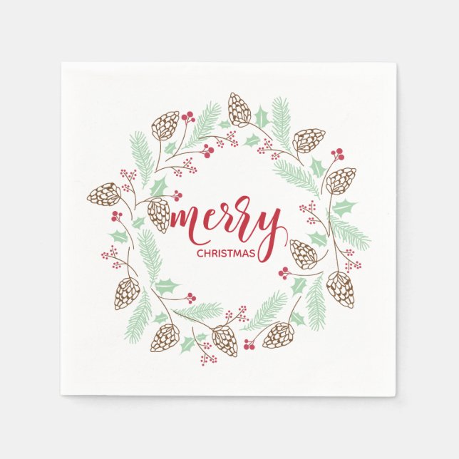 Cute Red & Green Holly and Pine Christmas Wreath Napkins (Front)
