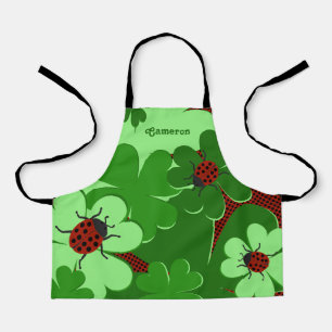 Cute Red Green Lady Bug & Clover Leaf Name Apron