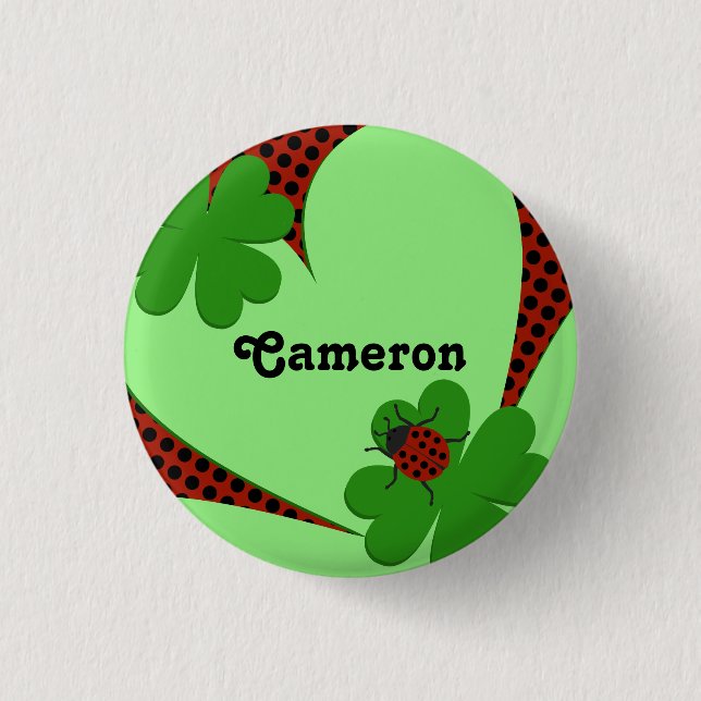 Cute Red Green Ladybug Clover Leaf Name Button (Front)