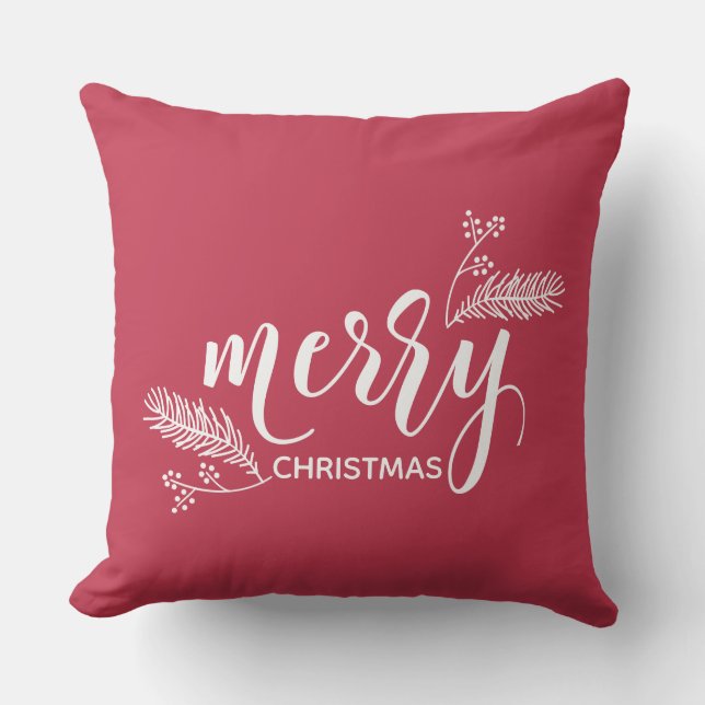 Cute Red & Green Merry Christmas Pine & Holly Throw Pillow (Front)