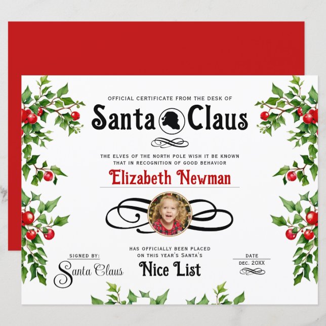 Cute Red Green Naughty Nice List Photo Certificate (Front/Back)