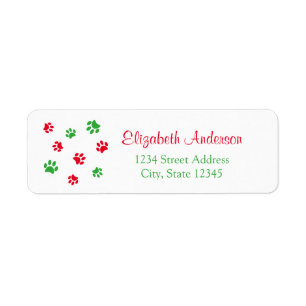 Cute Red Green Paw Prints Christmas Return Address Label