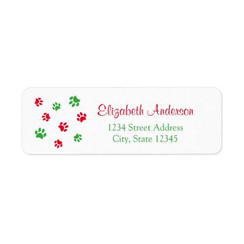 Cute Red Green Paw Prints Christmas Return Address Label