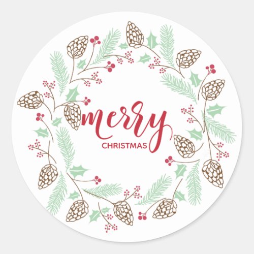 Cute Red  Green Pine and Holly Christmas Classic Round Sticker