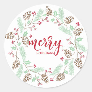 Cute Red & Green Pine and Holly Christmas Classic Round Sticker