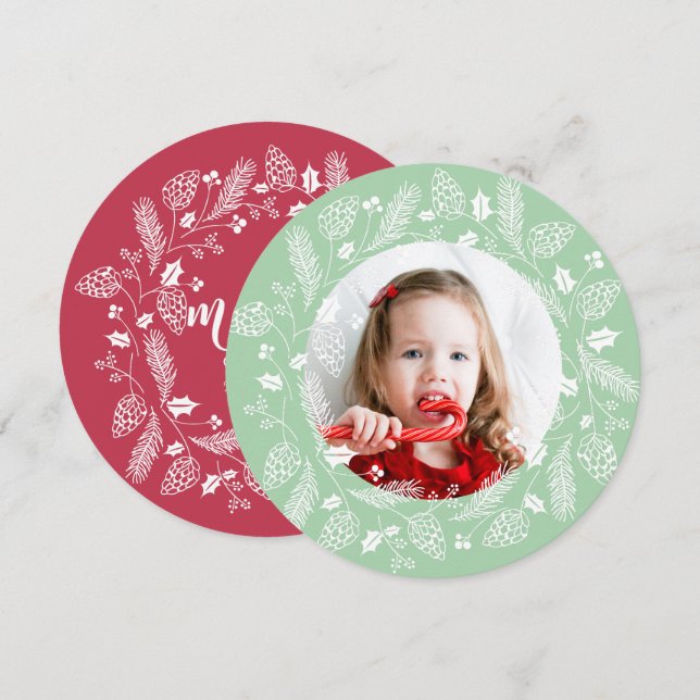 Cute Red & Green Pine and Holly Christmas Wreath Invitation (Front/Back)