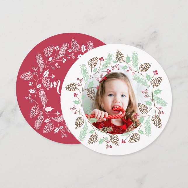 Cute Red & Green Pine and Holly Christmas Wreath Invitation (Front/Back)