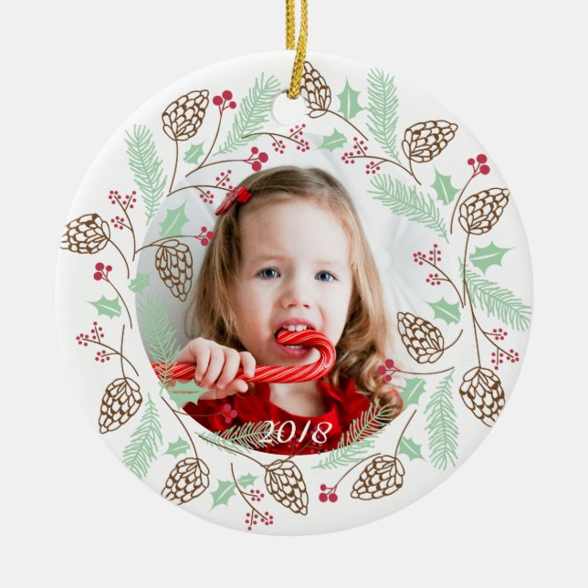 Cute Red & Green Pine and Holly Wreath Christmas Ceramic Ornament (Front)