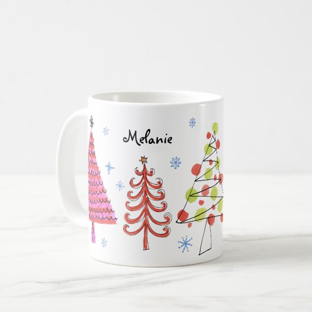 Cute Red Green Pink Christmas Trees Name Coffee Mug (Front Left)