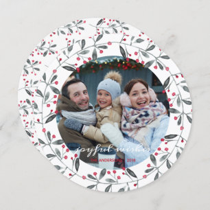 Cute Red & Green Watercolor Holly Christmas Wreath Invitation