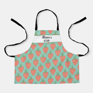 Cute Red + Green 🍓 Watercolor Strawberry Pattern Apron