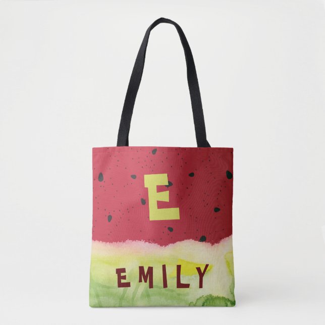 Cute Red Green Watermelon Seeds Monogram Name Tote Bag (Front)