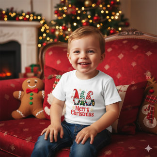 Cute Red Green Whimsical Gnome Merry Christmas Baby T-Shirt