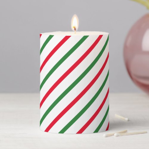 Cute red green white candy cane diagonal stripes pillar candle