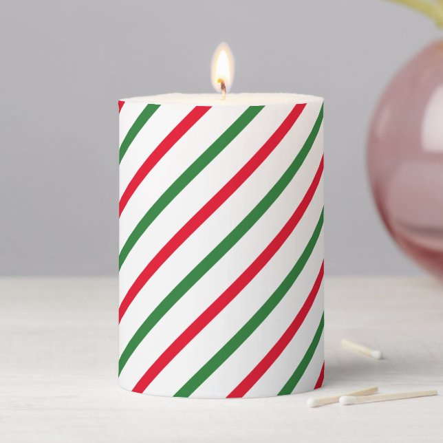 Cute red green white candy cane diagonal stripes pillar candle (In Situ)