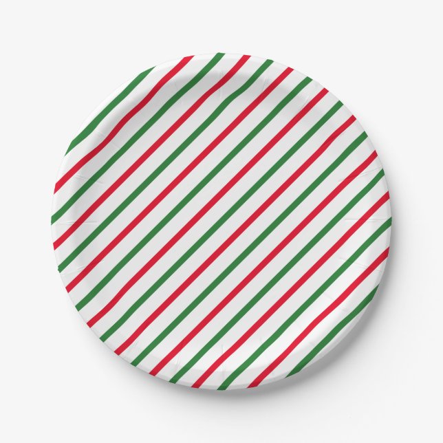 Cute red green white candy cane oblique stripes paper plates (Front)