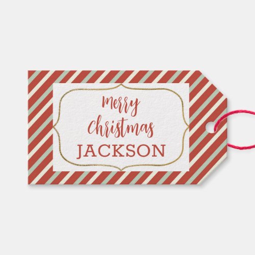 Cute Red Green White Candy Stripe Christmas Name Gift Tags
