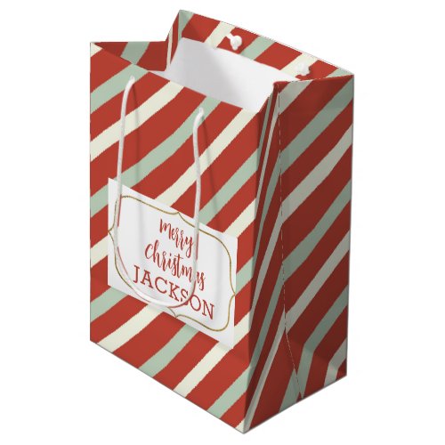 Cute Red Green White Candy Stripe Christmas Name Medium Gift Bag