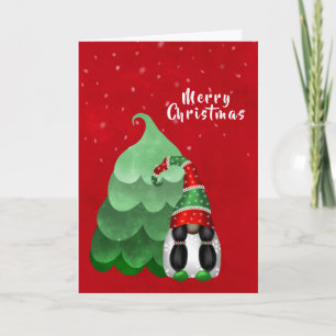 Cute Red Green White Gnome Tree Christmas Holiday Card