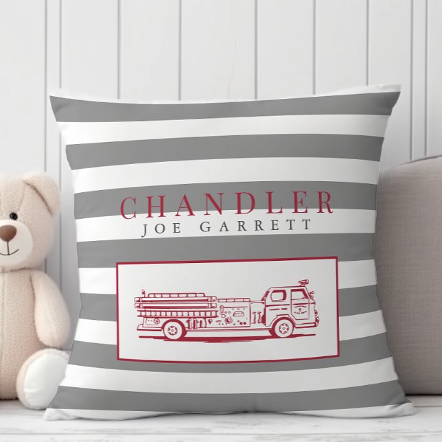 Cute Red Grey Fire truck Fireman nursery Throw Pillow (Creator Uploaded)