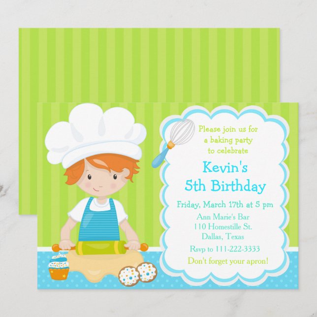 Cute Red Hair Boy Baking Birthday Party Invitation (Front/Back)