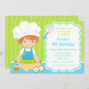 Cute Red Hair Boy Baking Birthday Party Invitation