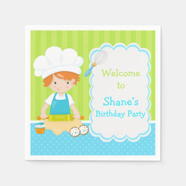 Cute Red Hair Boy Baking Birthday Party Napkins (Front)