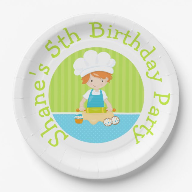 Cute Red Hair Boy Baking Birthday Party Paper Plates (Front)