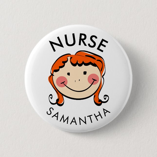 Cute Red Hair Cartoon Nurse Name Button (Front)