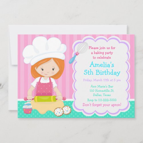 Cute Red Hair Girl Baking Birthday Party Invitation