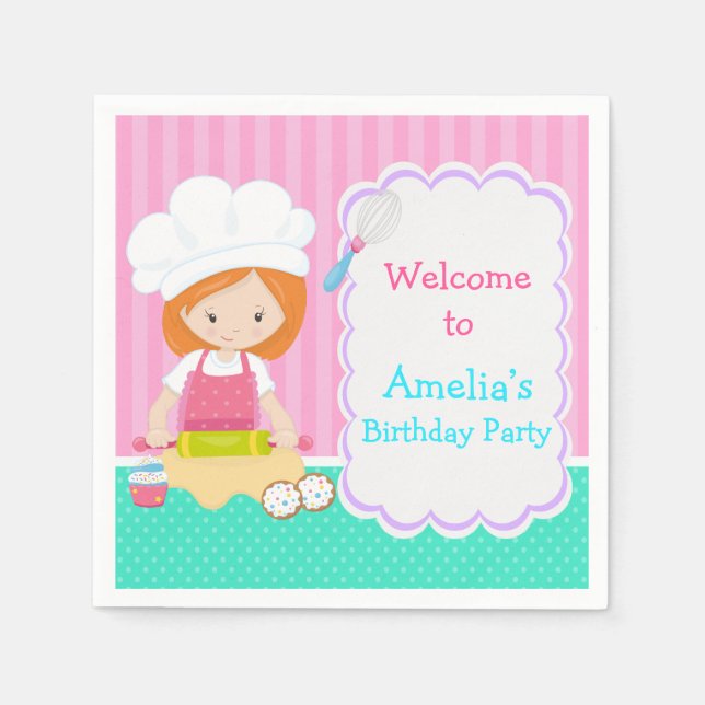 Cute Red Hair Girl Baking Birthday Party Napkins (Front)
