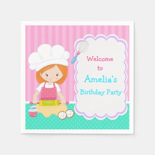 Cute Red Hair Girl Baking Birthday Party Paper Napkins