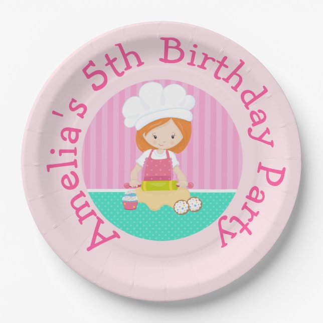 Cute Red Hair Girl Baking Birthday Party Paper Plates (Front)