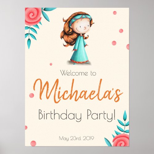 Cute Red Hair Girl in Turquoise Dress 1st Birthday Poster