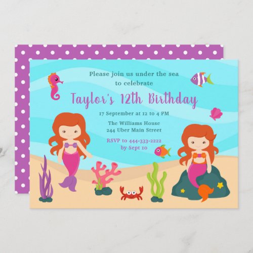 Cute Red Hair Mermaid Birthday Invitation