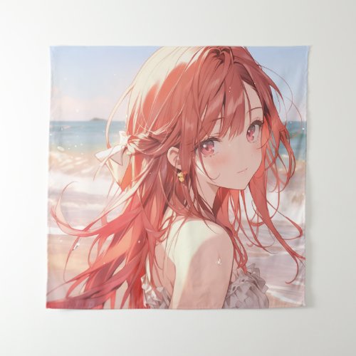 Cute red haired anime girl on the beach tapestry