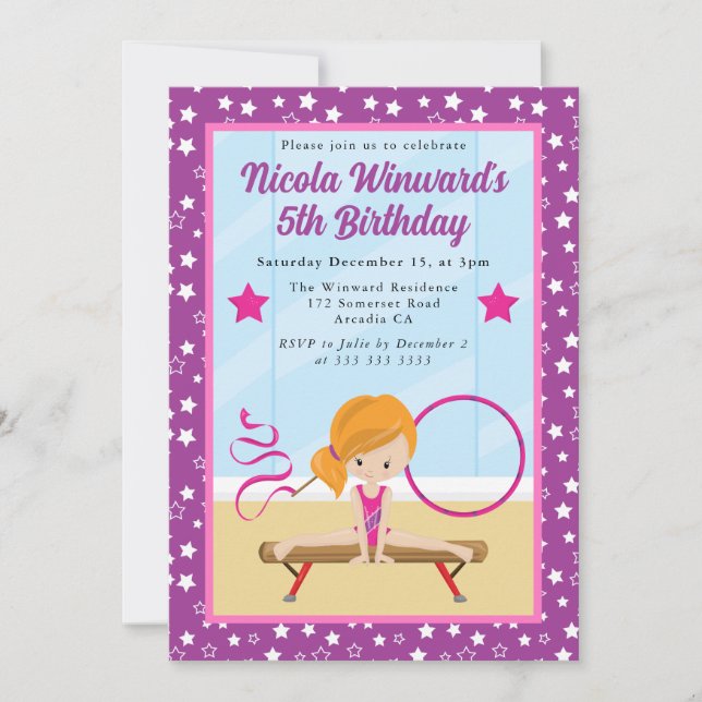 Cute Red Haired Girl Gymnast  Kids Birthday  Invitation (Front)