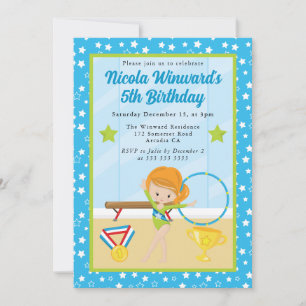 Cute Red Haired Girl Gymnast  Kids Birthday  Invitation
