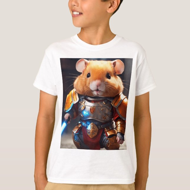 Cute Red-Haired Hamster Swordsman in Armor Printed T-Shirt (Front)