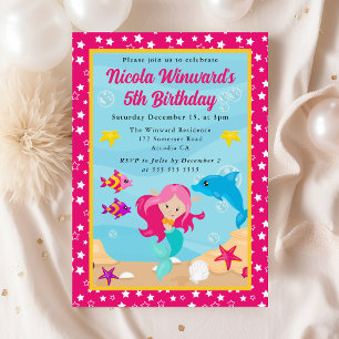 Cute Red Haired Mermaid Kids Birthday  Invitation