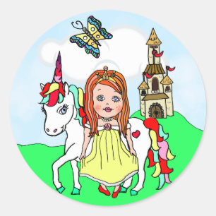 Cute Red Haired Princess and Unicorn Castle Classic Round Sticker