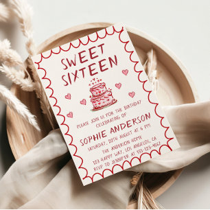 Cute Red Hand Drawn Cake & Hearts 16th Birthday Invitation