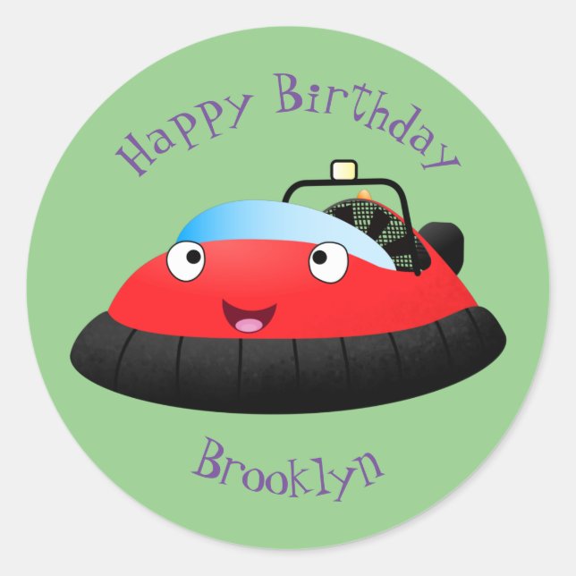 Cute red happy hovercraft cartoon classic round sticker (Front)