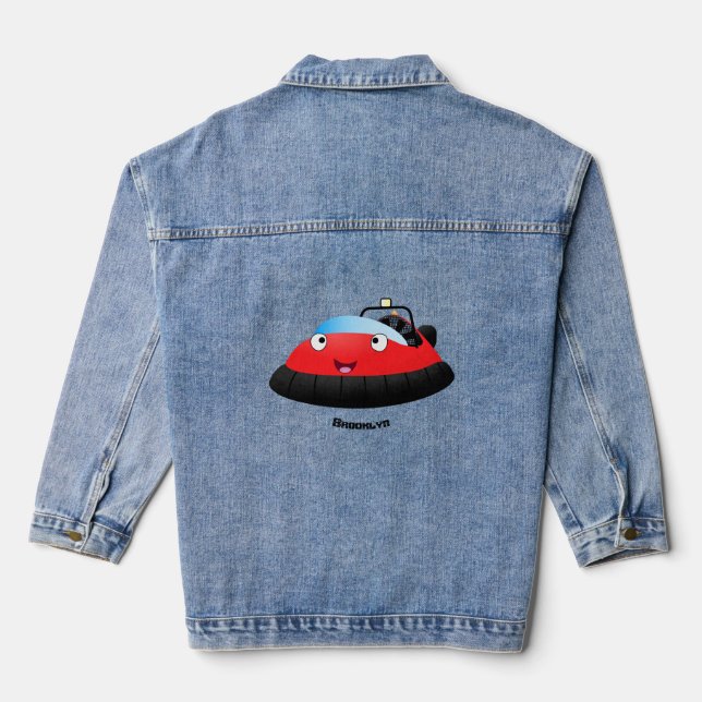 Cute red happy hovercraft cartoon denim jacket (Back)