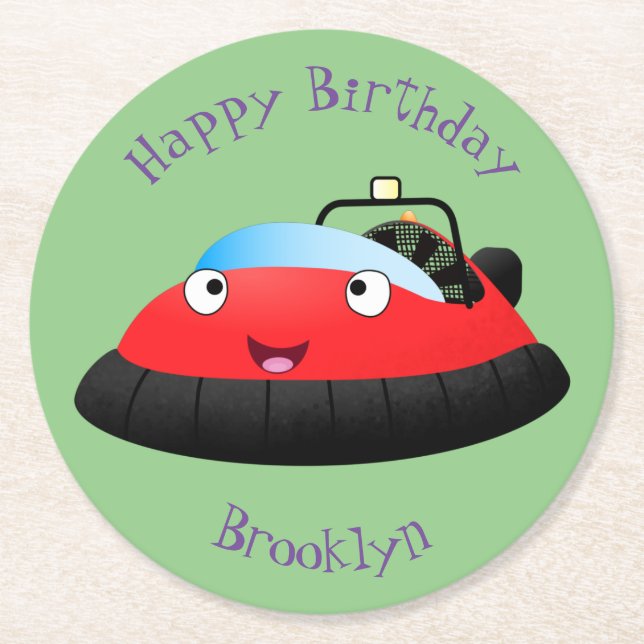Cute red happy hovercraft cartoon round paper coaster (Front)